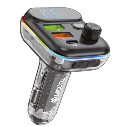 A black in-car see-through FM/Bluetooth MP3 player with fast charger functionality, featuring a digital display and various control buttons.