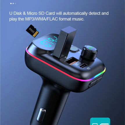 In-Car Bluetooth FM Transmitter MP3 Player Fast Charger | See Through Design | QC3.0 + USB-C PD + USB-A | Bluetooth 5.0 | Hands-Free Calls | RGB LED | Micro SD TF Card | 12-24V Car Charger | Model FM4
