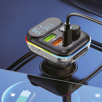 In-Car Bluetooth FM Transmitter MP3 Player Fast Charger | See Through Design | QC3.0 + USB-C PD + USB-A | Bluetooth 5.0 | Hands-Free Calls | RGB LED | Micro SD TF Card | 12-24V Car Charger | Model FM4