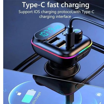 In-Car Bluetooth FM Transmitter MP3 Player Fast Charger | See Through Design | QC3.0 + USB-C PD + USB-A | Bluetooth 5.0 | Hands-Free Calls | RGB LED | Micro SD TF Card | 12-24V Car Charger | Model FM4