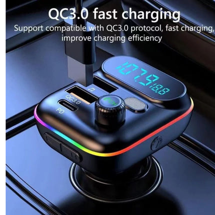 In-Car Bluetooth FM Transmitter MP3 Player Fast Charger | See Through Design | QC3.0 + USB-C PD + USB-A | Bluetooth 5.0 | Hands-Free Calls | RGB LED | Micro SD TF Card | 12-24V Car Charger | Model FM4