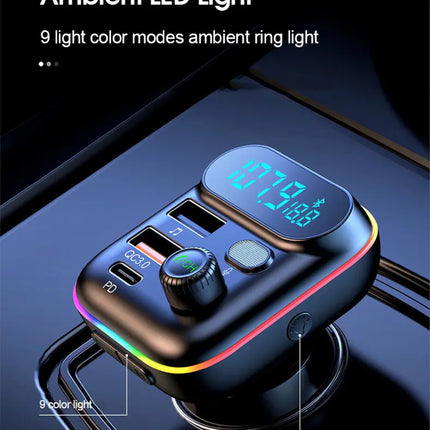 In-Car Bluetooth FM Transmitter MP3 Player Fast Charger | See Through Design | QC3.0 + USB-C PD + USB-A | Bluetooth 5.0 | Hands-Free Calls | RGB LED | Micro SD TF Card | 12-24V Car Charger | Model FM4