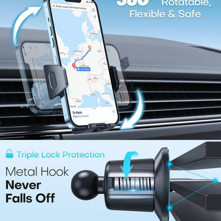 In-Car Air Vent Phone Holder – Metal Double Hook Clip, Triple Lock Protection, Silicone Deep Arms Anti-Drop Clamp, 360° Rotation, One-Touch Release, Universal Fit 4.7"–7" – Car Phone Mount for iPhone Samsung Pixel Huawei – Black