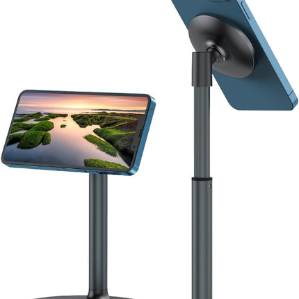 Magnetic Phone Stand for Desk, MagSafe Compatible Adjustable Height Desktop Stand, 360° Rotating Magnetic Cell Phone Holder for iPhone, iPad, Tablet – Sleek Aluminum Design