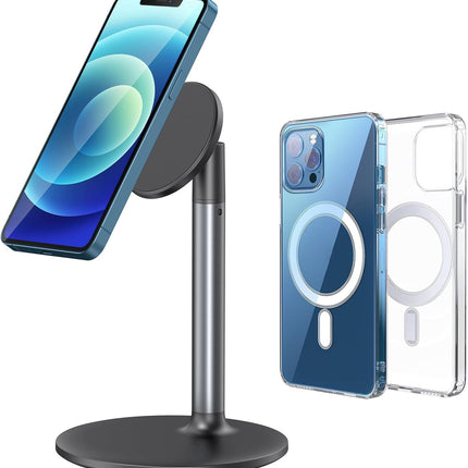 Magnetic Phone Stand for Desk, MagSafe Compatible Adjustable Height Desktop Stand, 360° Rotating Magnetic Cell Phone Holder for iPhone, iPad, Tablet – Sleek Aluminum Design