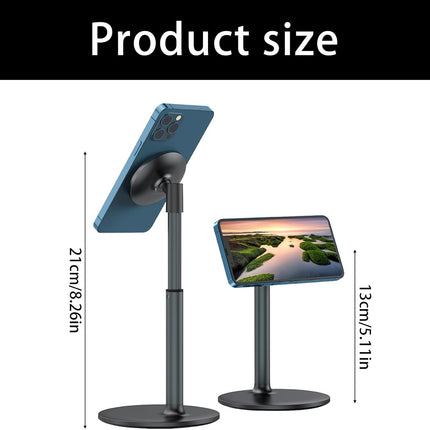 Magnetic Phone Stand for Desk, MagSafe Compatible Adjustable Height Desktop Stand, 360° Rotating Magnetic Cell Phone Holder for iPhone, iPad, Tablet – Sleek Aluminum Design