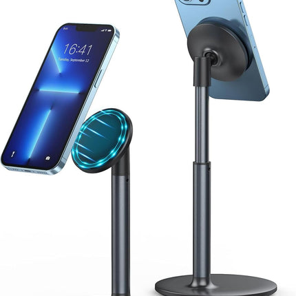 Magnetic Phone Stand for Desk, MagSafe Compatible Adjustable Height Desktop Stand, 360° Rotating Magnetic Cell Phone Holder for iPhone, iPad, Tablet – Sleek Aluminum Design