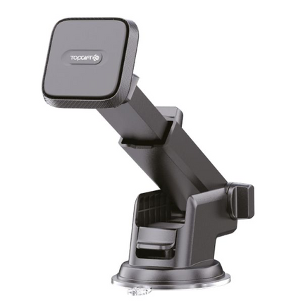 An adjustable magnetic suction cup holder in black color, designed to be attached to a dashboard or windshield for holding various devices.