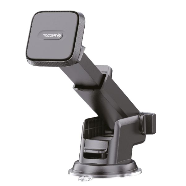 An adjustable magnetic suction cup holder in black color, designed to be attached to a dashboard or windshield for holding various devices.