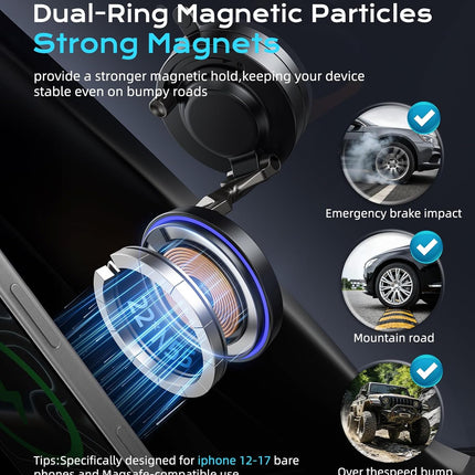 Qi2.2 25W Wireless Car Charger Mount – MagSafe Magnetic Phone Holder with Vacuum Suction Cup, Dual-Ring Magnets, 360° Rotation, LED Indicator, 3-Layer Nano Gel Base