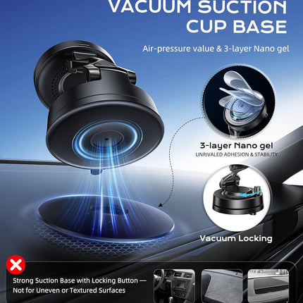 Qi2.2 25W Wireless Car Charger Mount – MagSafe Magnetic Phone Holder with Vacuum Suction Cup, Dual-Ring Magnets, 360° Rotation, LED Indicator, 3-Layer Nano Gel Base