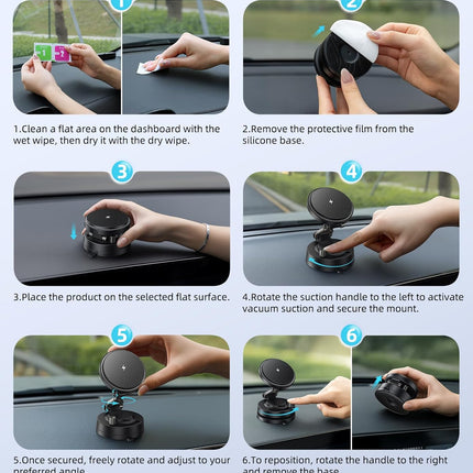 Qi2.2 25W Wireless Car Charger Mount – MagSafe Magnetic Phone Holder with Vacuum Suction Cup, Dual-Ring Magnets, 360° Rotation, LED Indicator, 3-Layer Nano Gel Base