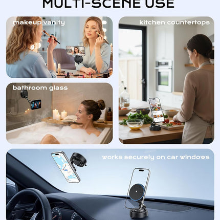 Qi2.2 25W Wireless Car Charger Mount – MagSafe Magnetic Phone Holder with Vacuum Suction Cup, Dual-Ring Magnets, 360° Rotation, LED Indicator, 3-Layer Nano Gel Base