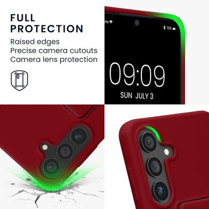 Red phone case with camera cutouts and raised edges, showing screen and side view.
