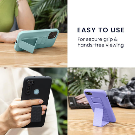 Phone cases with stands in different colors on a table and held by hands, with text 'EASY TO USE' and 'For secure grip & hands-free viewing'.