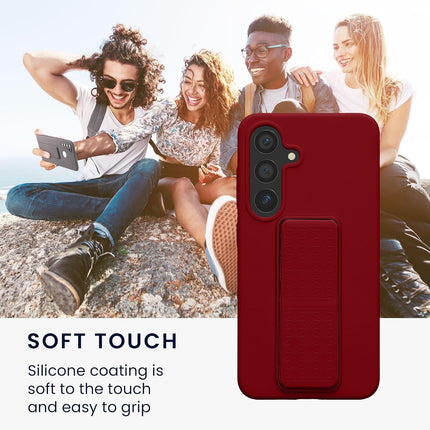 Red phone case with text about soft touch and a background of people sitting outdoors.