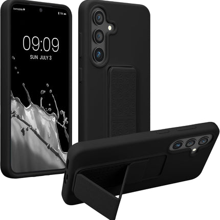 Black phone case with stand feature on a white background