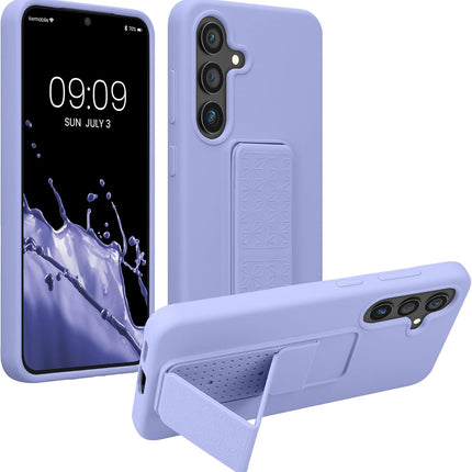 Purple phone case with stand feature on a white background