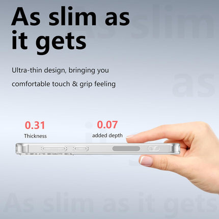 Hand holding a ultra-thin phone case with text on a gray background for Samsung S25