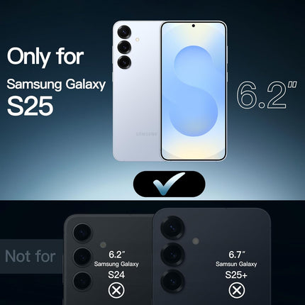 Samsung Galaxy S25 smartphone display with size comparison to other models on a dark background.