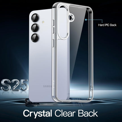 Samsung S25 phone case with crystal clear back design on a dark background