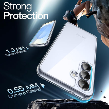 Samsung phone case with text highlighting thickness and protection features, against a dark background.