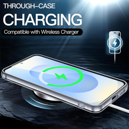 Smartphone with charging case on a dark surface, featuring wireless charging compatibility text.