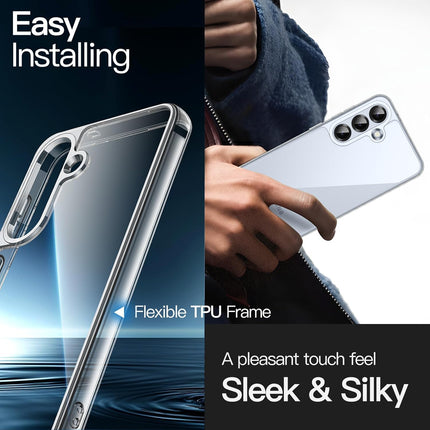 Phone case with text highlighting ease of installation, TPU frame flexibility, and touch feel.