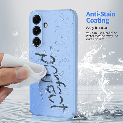 Smartphone with 'Perfect' text on a blue case being cleaned with a cloth, with water droplets and text about anti-stain coating for Samsung S24