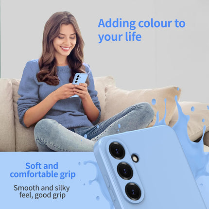 Woman sitting on a couch using a smartphone with promotional text about phone features for Samsung S24