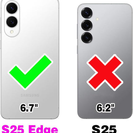 Comparison of Samsung S25 Edge and S25 phones with screen size indicators.