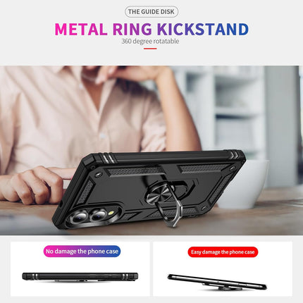 Phone case with metal ring kickstand on a desk, with text about its features for Samsung S25 Edge