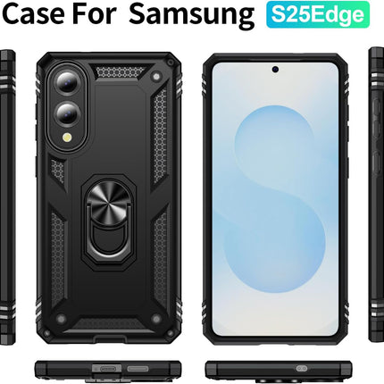 Black phone case with ring holder for Samsung S25 Edge on a white background