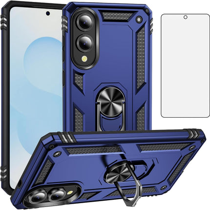 Blue phone case with ring holder and screen protector on a white background for Samsung S25 Edge