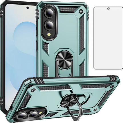 Teal phone case with ring holder and screen protector on a white background for Samsung S25 Edge
