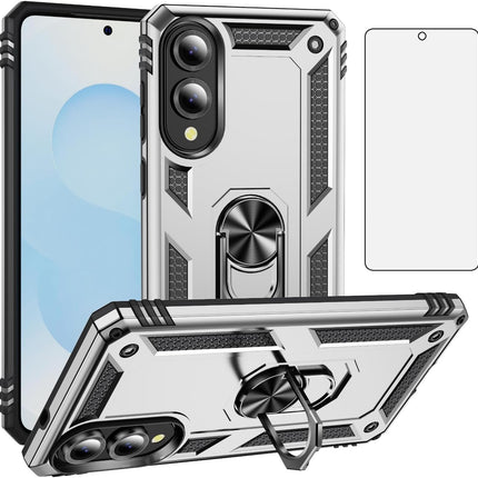 Rugged phone case with ring holder and screen protector on a white background for Samsung S25 Edge