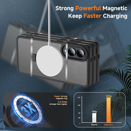 Phone case with magnetic feature and charging text on a dark background for Samsung S25 Edge