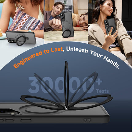 Phone stand with text 'Engineered to Last, Unleash Your Hands' and '30,000+ Tests' on a blue background for Samsung S25 Edge