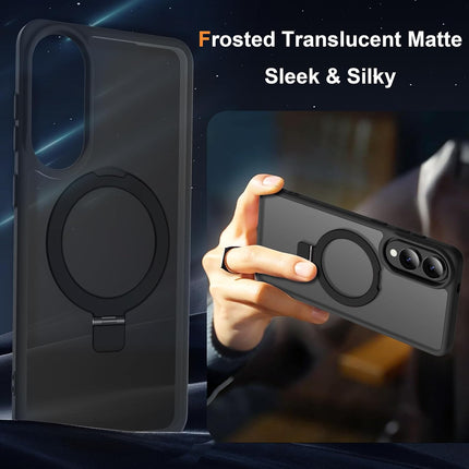 Phone case with ring holder feature, labeled 'Frosted Translucent Matte' and 'Sleek & Silky' for Samsung S25 Edge
