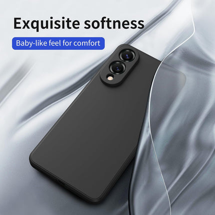 Black phone case on a soft fabric background with text about softness and comfort for Samsung S25 Edge