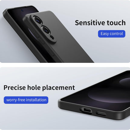 Phone case with text highlighting 'Sensitive touch', 'Easy control', 'Precise hole placement', and 'Worry-free installation' for Samsung S25 Edge
