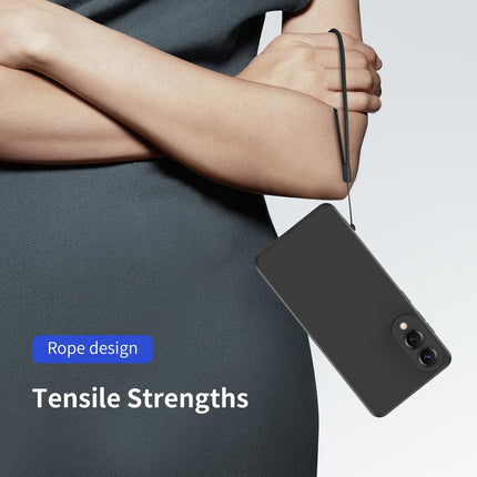 Person holding a black phone case with a rope design, on a plain background for Samsung S25 Edge