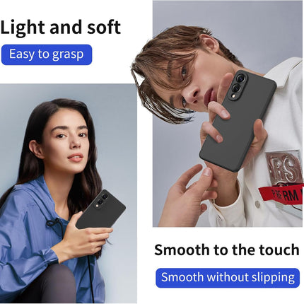 Two people holding black phones with text about phone features on a gray background for Samsung S25 Edge