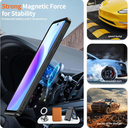 Phone case with magnetic feature displayed on a car dashboard, with images of a speed bump, car taking a turn, and getting out of a mud pit for Samsung S25 FE
