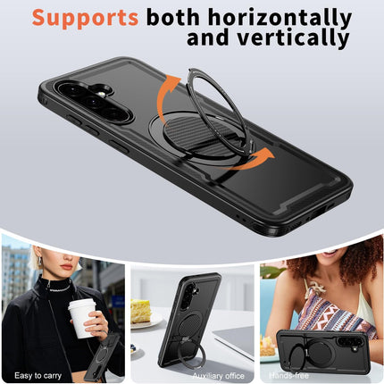 Phone case with a ring holder and lifestyle images of people using it for Samsung S25 FE