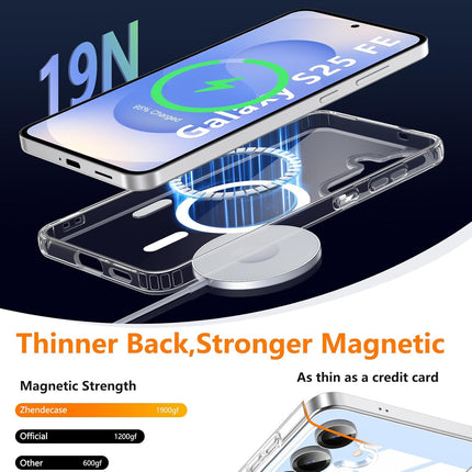 Smartphone with a clear case and magnetic feature, showing '19N' strength and 'Galaxy S25 FE' branding for Samsung S25 FE