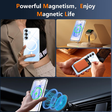 Collage of a person using a smartphone with magnetic features, including a phone holder and car mount for Samsung S25 FE