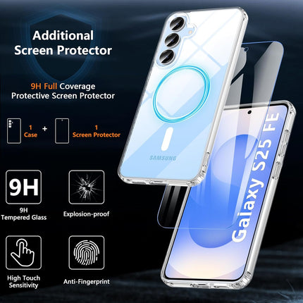 Samsung Galaxy S25 FE phone with a screen protector and case on a dark background for Samsung S25 FE