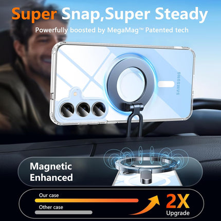 Phone case with magnetic enhancement feature on a car dashboard, featuring a blurred person in the background for Samsung S25 FE