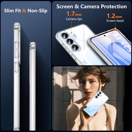 Phone case with screen and camera protection features on a dark blue background for Samsung S25 FE